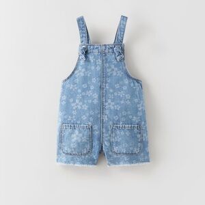 Zara Kids Floral Cutoff Denim Overall Shorts 9-12M